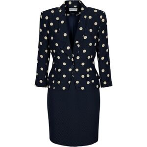 VTG Albert Nipon Navy Polka Dot Skirt Suit Set Size 8 Silk Linen Jacket & Dress